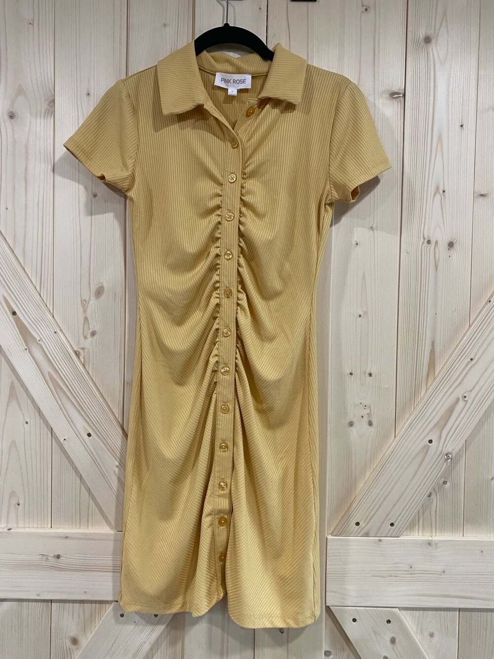 Pink Rose Ribbed Button-Up Ruched Mini Dress Yellow Size S